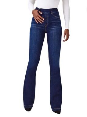 SPANX Flare Jeans Small Midnight Dark Wash 34” Inseam Pull On Denim
